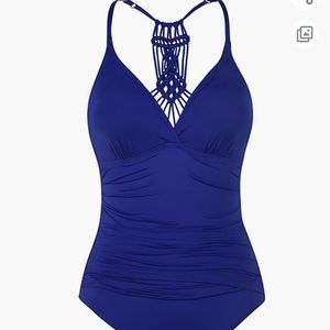 Hilor one piece bathing suit, halter with macrame back, royal blue, size 10